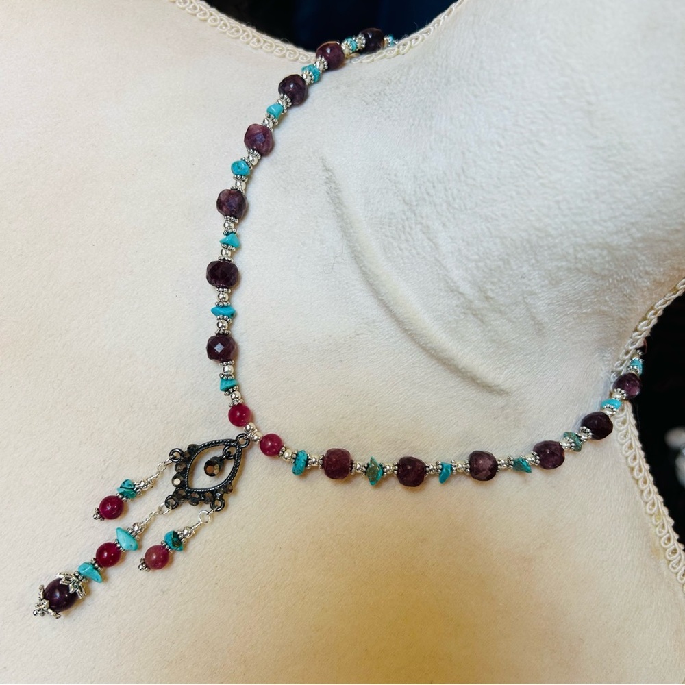 Handcrafted genuine faceted square cut almandine garnet faux turquoise necklace